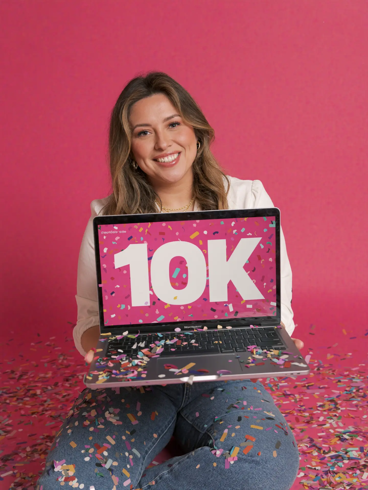 Celeste celebrando con su laptop mostrando 10K