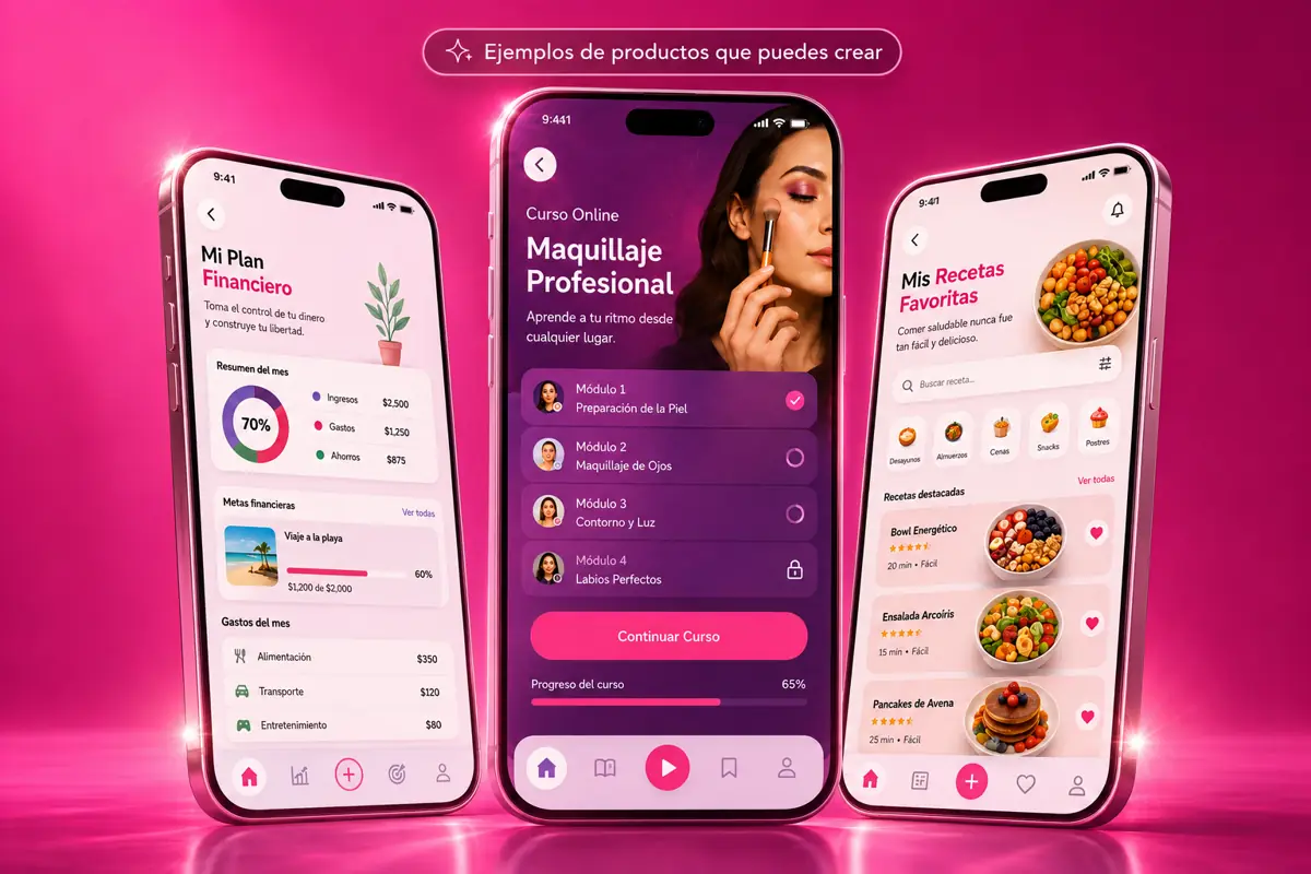 Tres productos digitales interactivos vistos en móvil: finanzas, curso de maquillaje y recetario