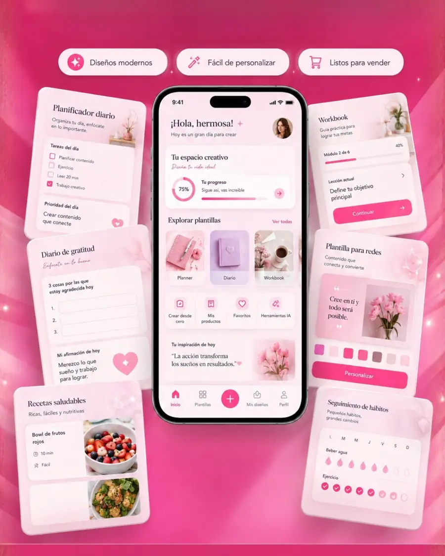Mockups de productos digitales interactivos: planner, diario, workbook, recetario y tracker de hábitos