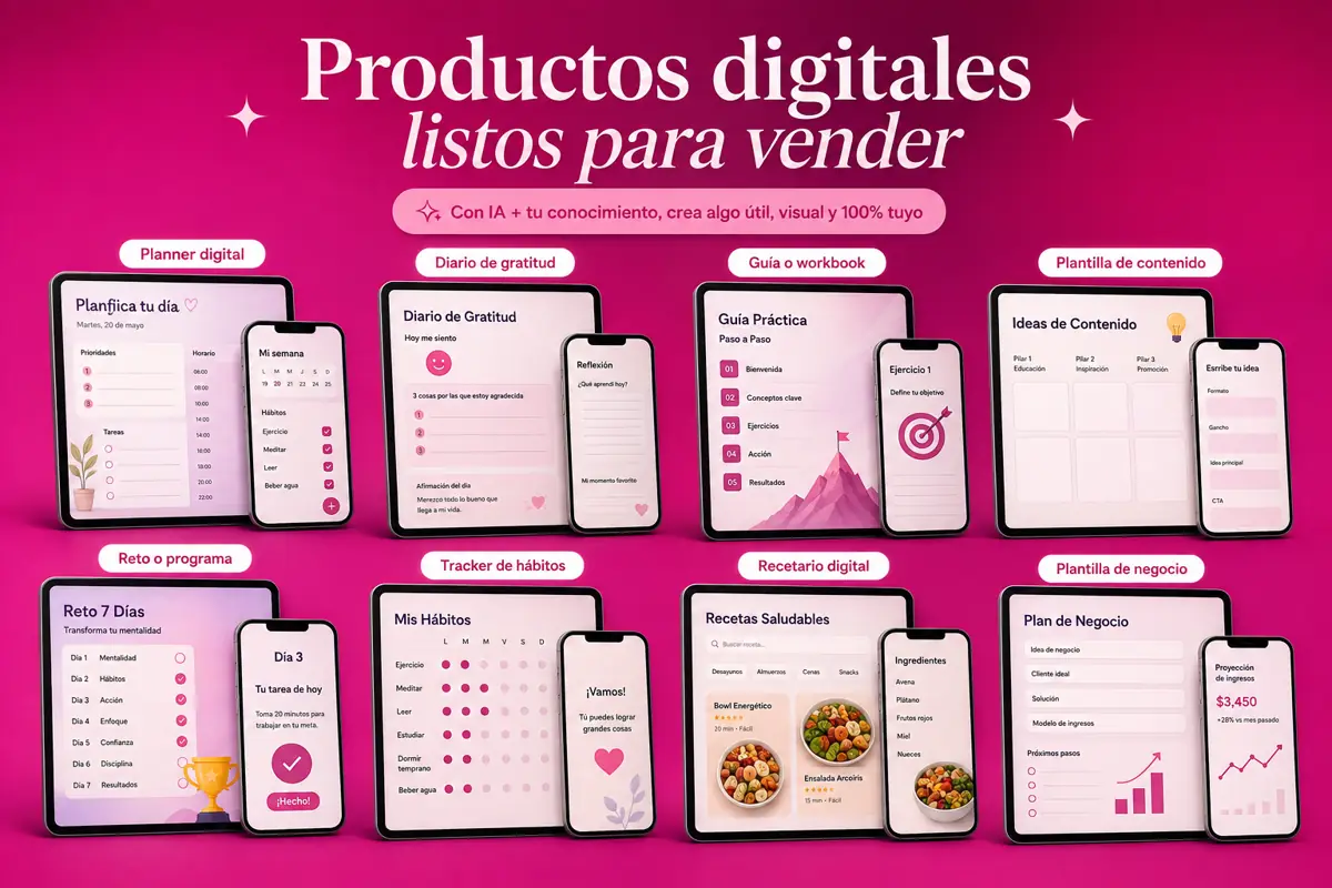 Ejemplos de productos digitales: planners, diarios, workbooks, trackers de hábitos y recetarios